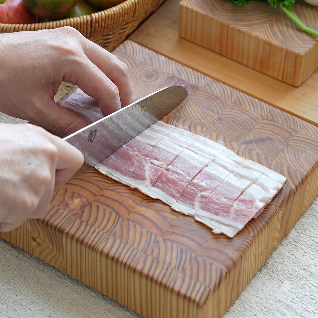 Fette di pancetta tagliate a segmenti più piccoli con un coltello su un tagliere di legno.
