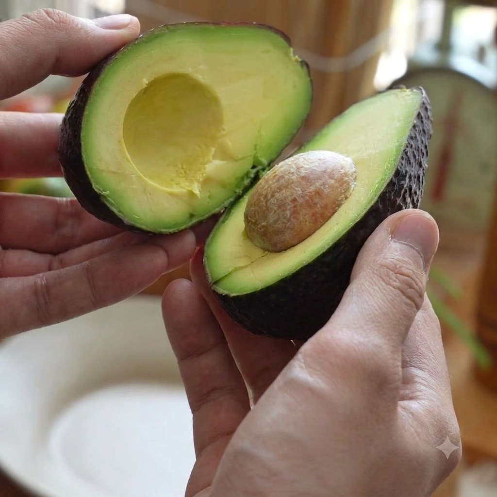 Un avocado tagliato a metà che mostra il nocciolo, adagiato su un piatto di ceramica.