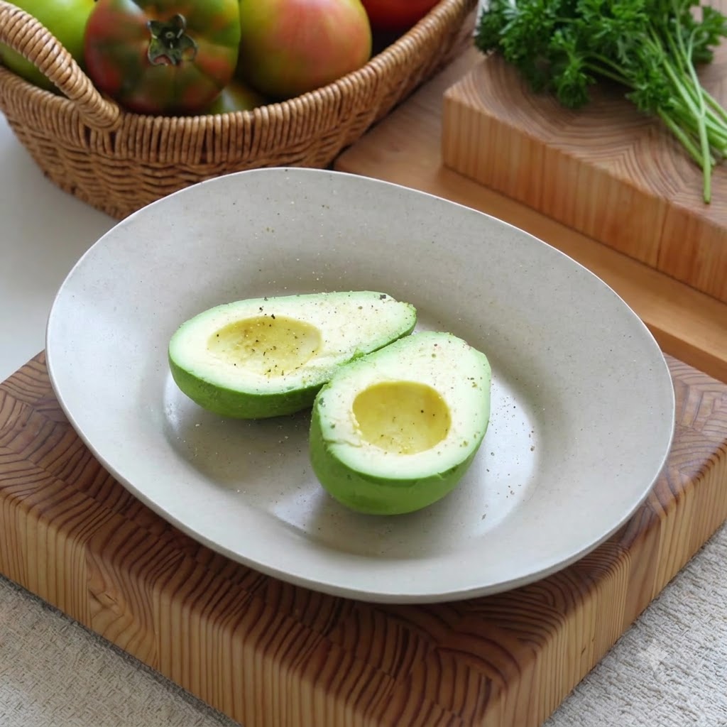 Metà di avocado condite con sale, pepe e succo di limone su un piatto.