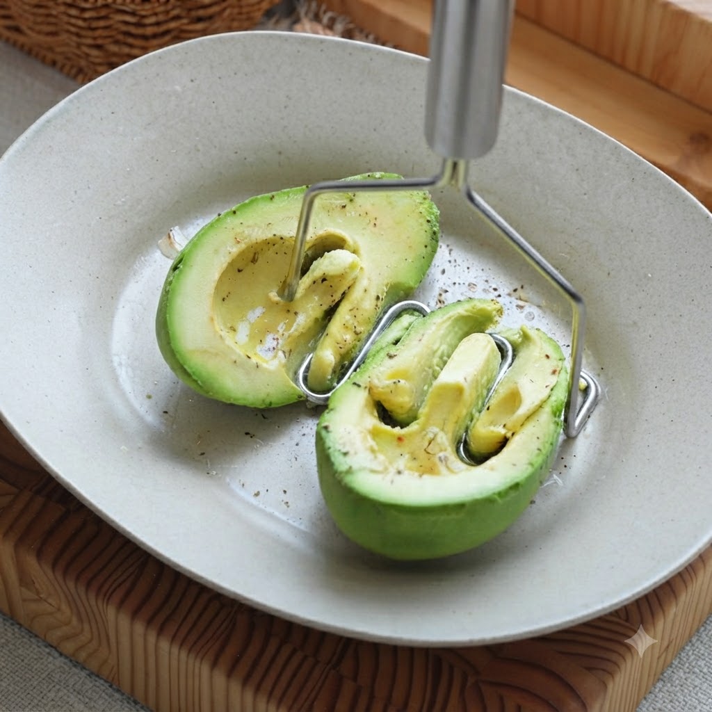 Avocado schiacciato in una purea verde liscia con uno schiacciapatate in metallo in una ciotola.
