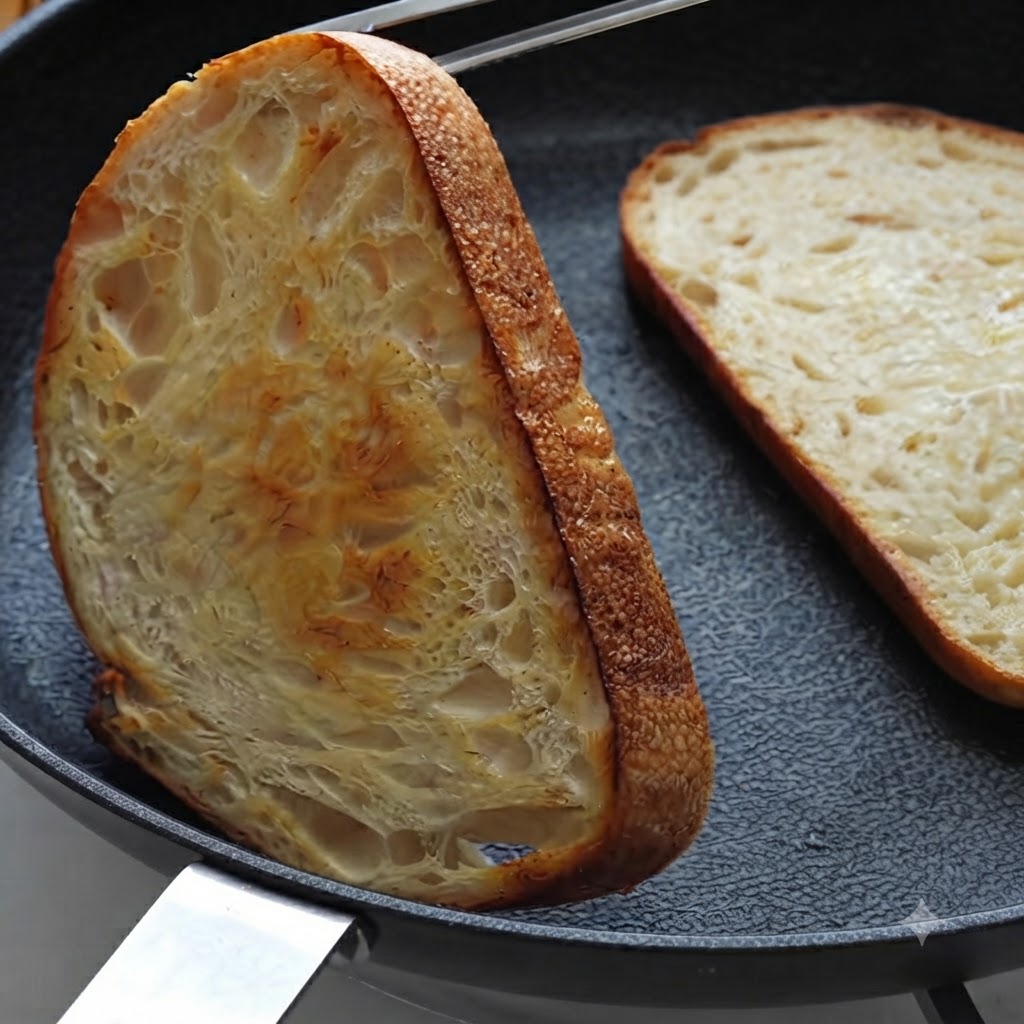 Fette di pane a lievito madre che friggono in padella girate con le pinze fino a doratura.