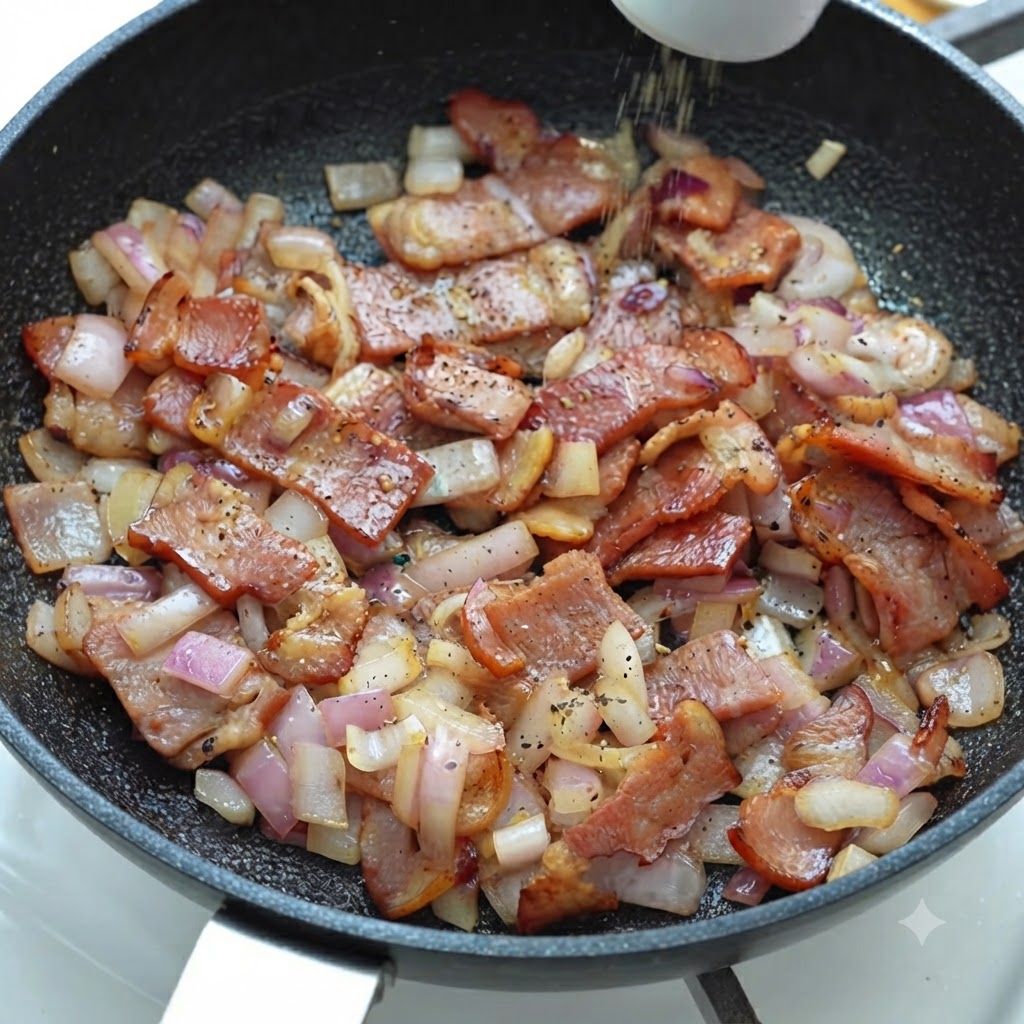 Pepe nero macinato su pancetta e cipolle sfrigolanti in padella.