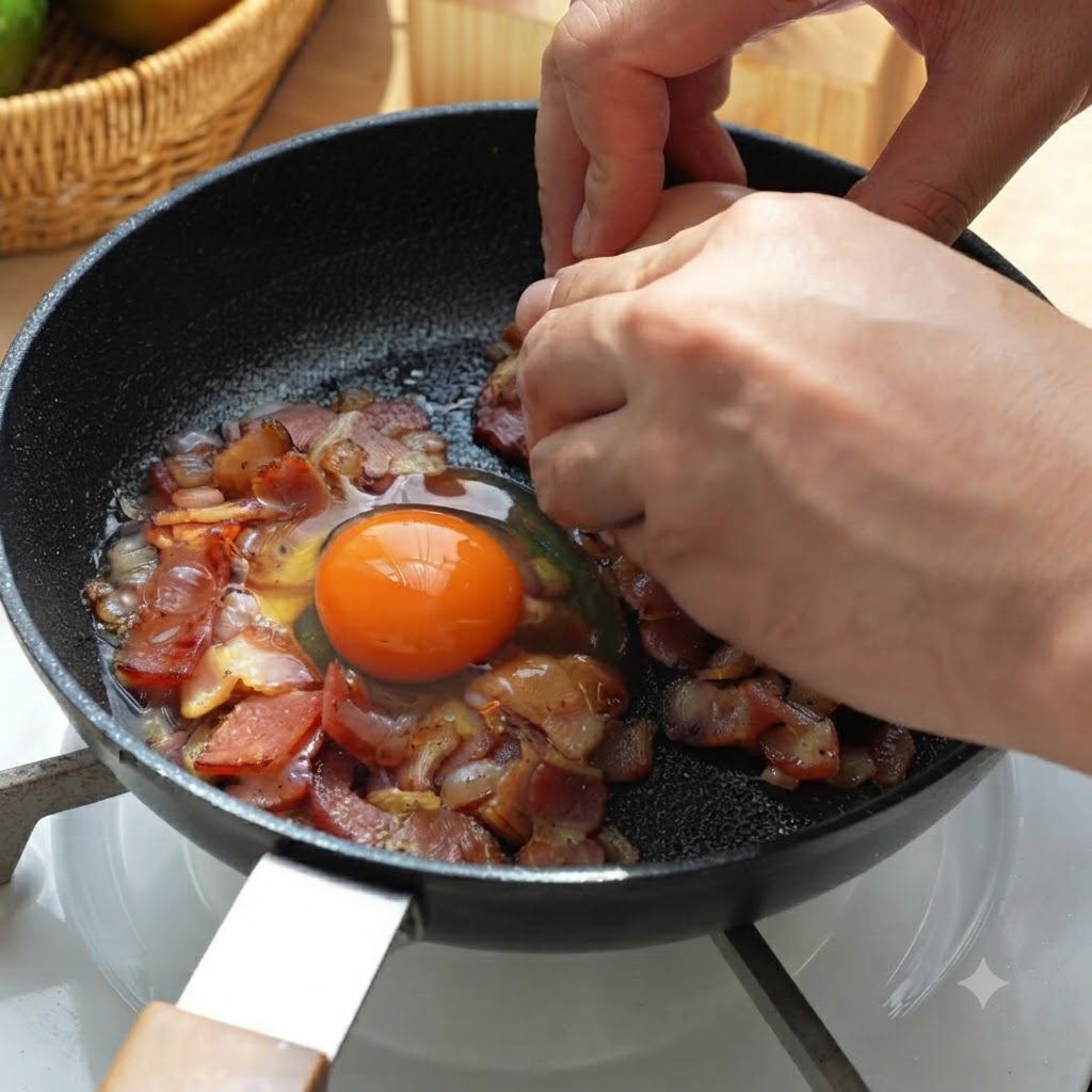 Un paio di mani che rompono un uovo direttamente nella padella con pancetta e cipolle.