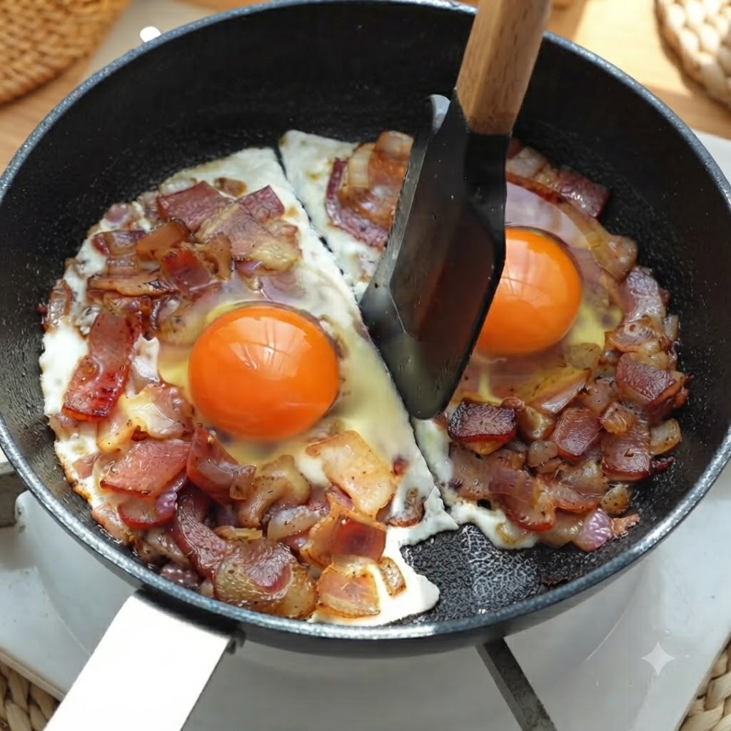 Una spatola che divide le due porzioni di uova e pancetta in cottura lungo il centro della padella.