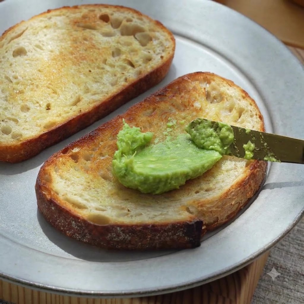 Purea di avocado verde spalmata uniformemente sul pane tostato usando un coltello da burro.