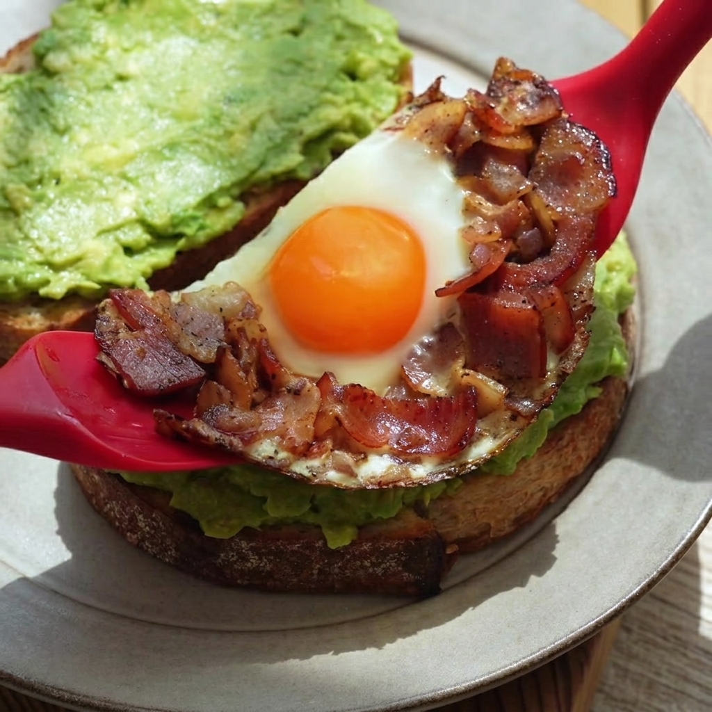 Una spatola rossa che solleva una sezione cotta di pancetta fritta e uovo per posizionarla sul toast allavocado.