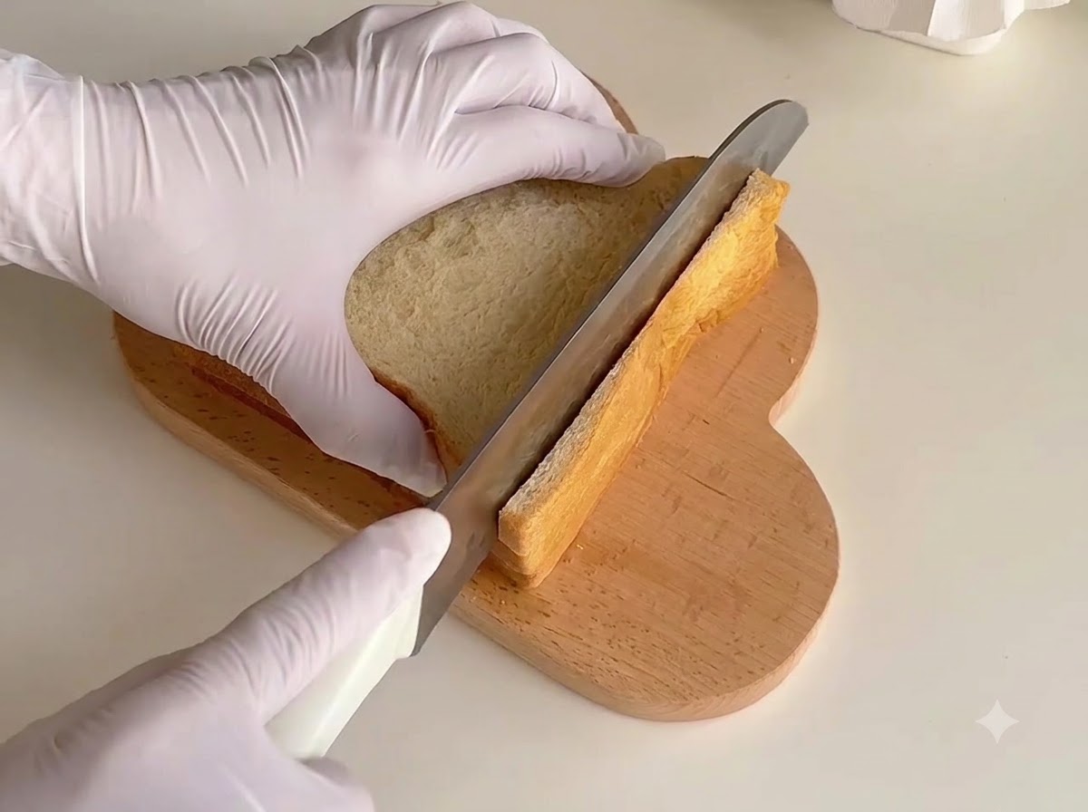 Un coltello che taglia i bordi di fette di pane bianco impilate su un tagliere di legno.