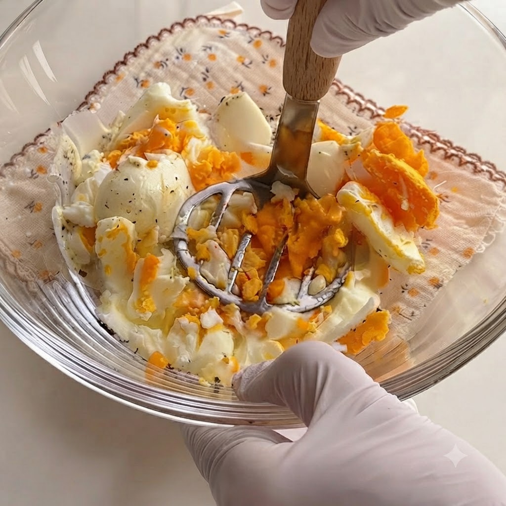 Uno schiacciapatate in metallo che sminuzza le uova sode e la maionese in una ciotola di vetro.