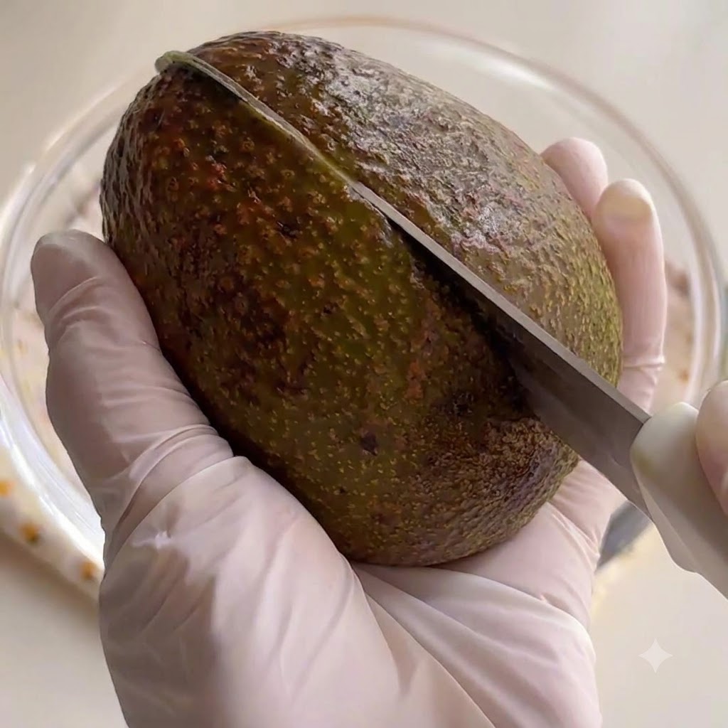 Un coltello che taglia attraverso il centro di un avocado intero tenuto in mani guantate.