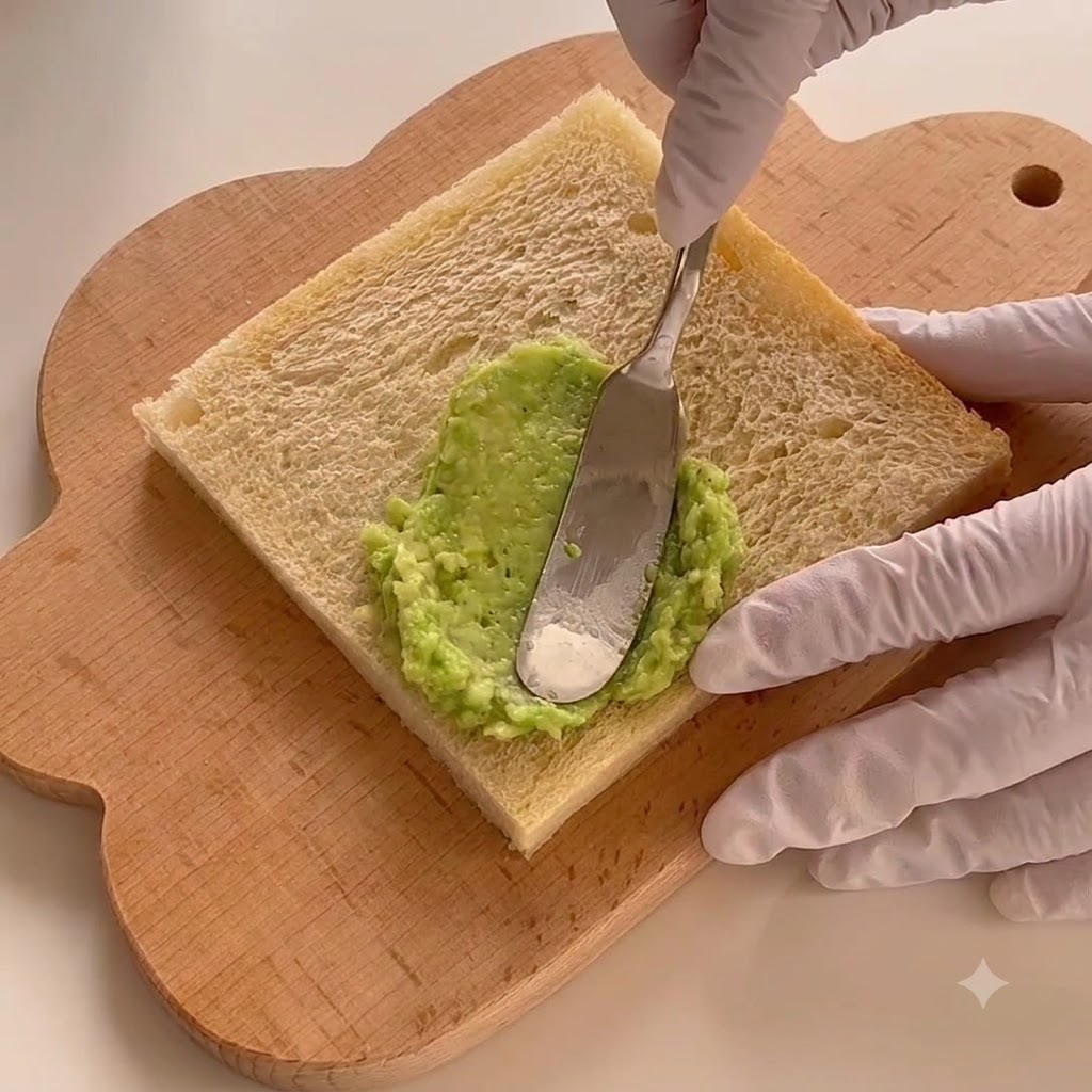 Crema di avocado verde brillante spalmata uniformemente su una singola fetta di pane bianco su un tagliere di legno.