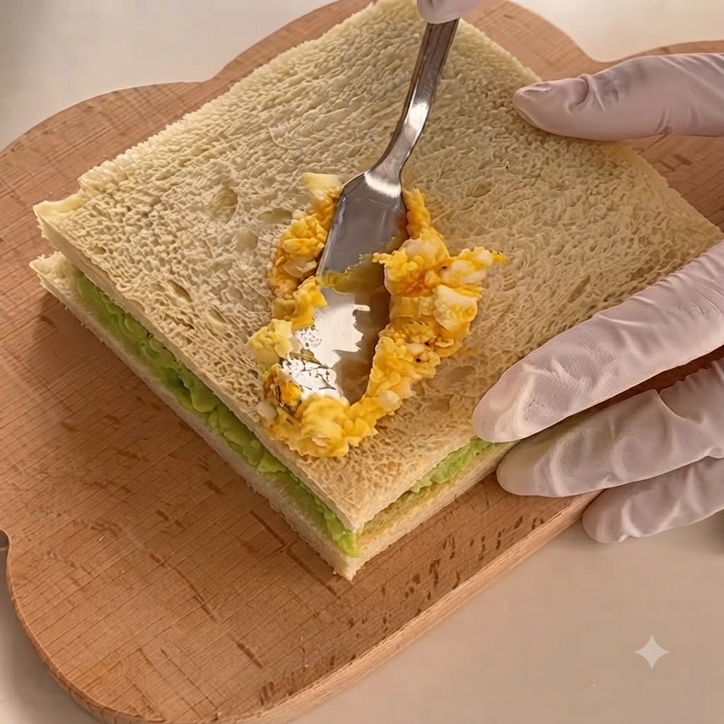 Insalata di uova preparata spalmata sulla seconda fetta di pane usando un coltello.