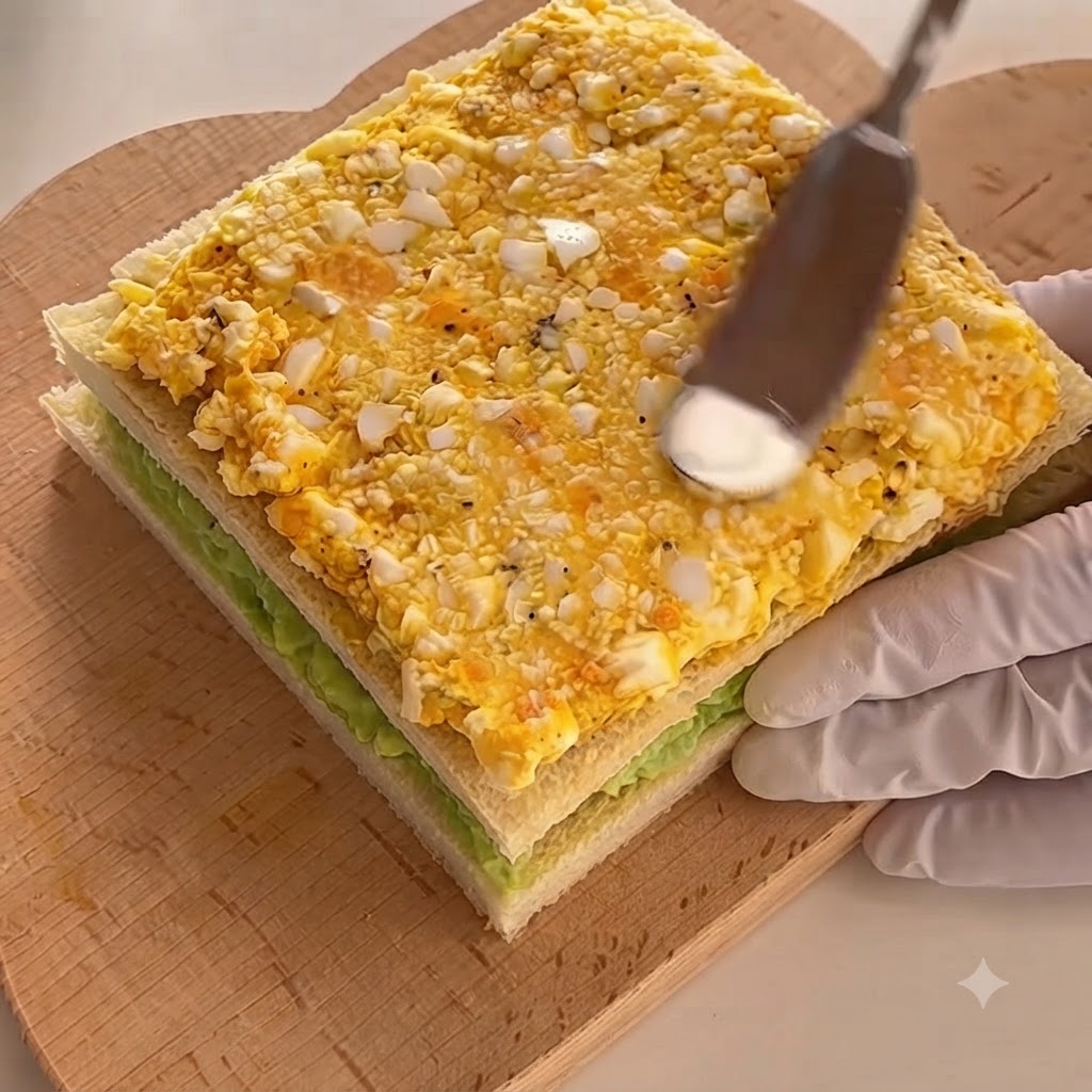 Una terza fetta di pane bianco posta sopra lo strato di insalata di uova per finire la pila del panino.