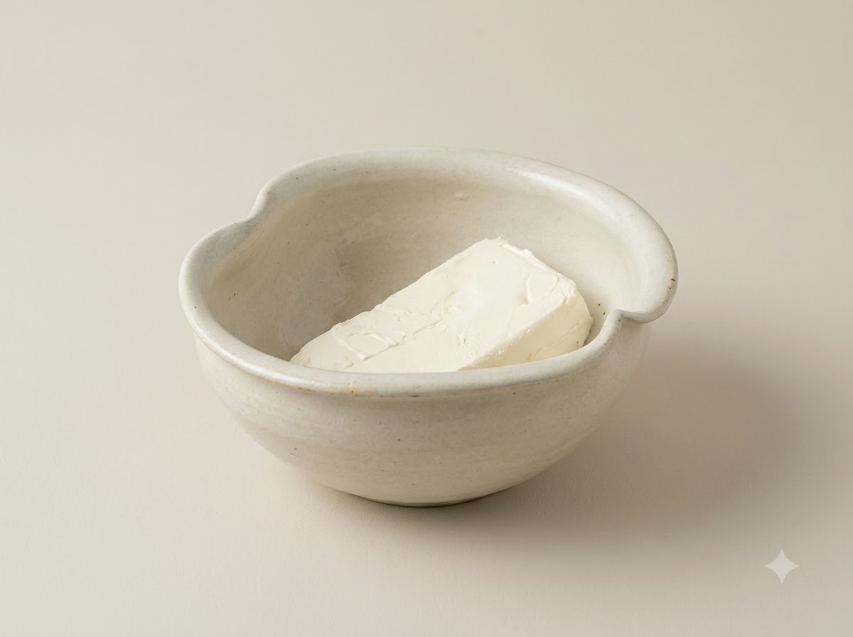Pancetta cotta, cipolle e cipollotti verdi aggiunti sopra il formaggio spalmabile in una ciotola.