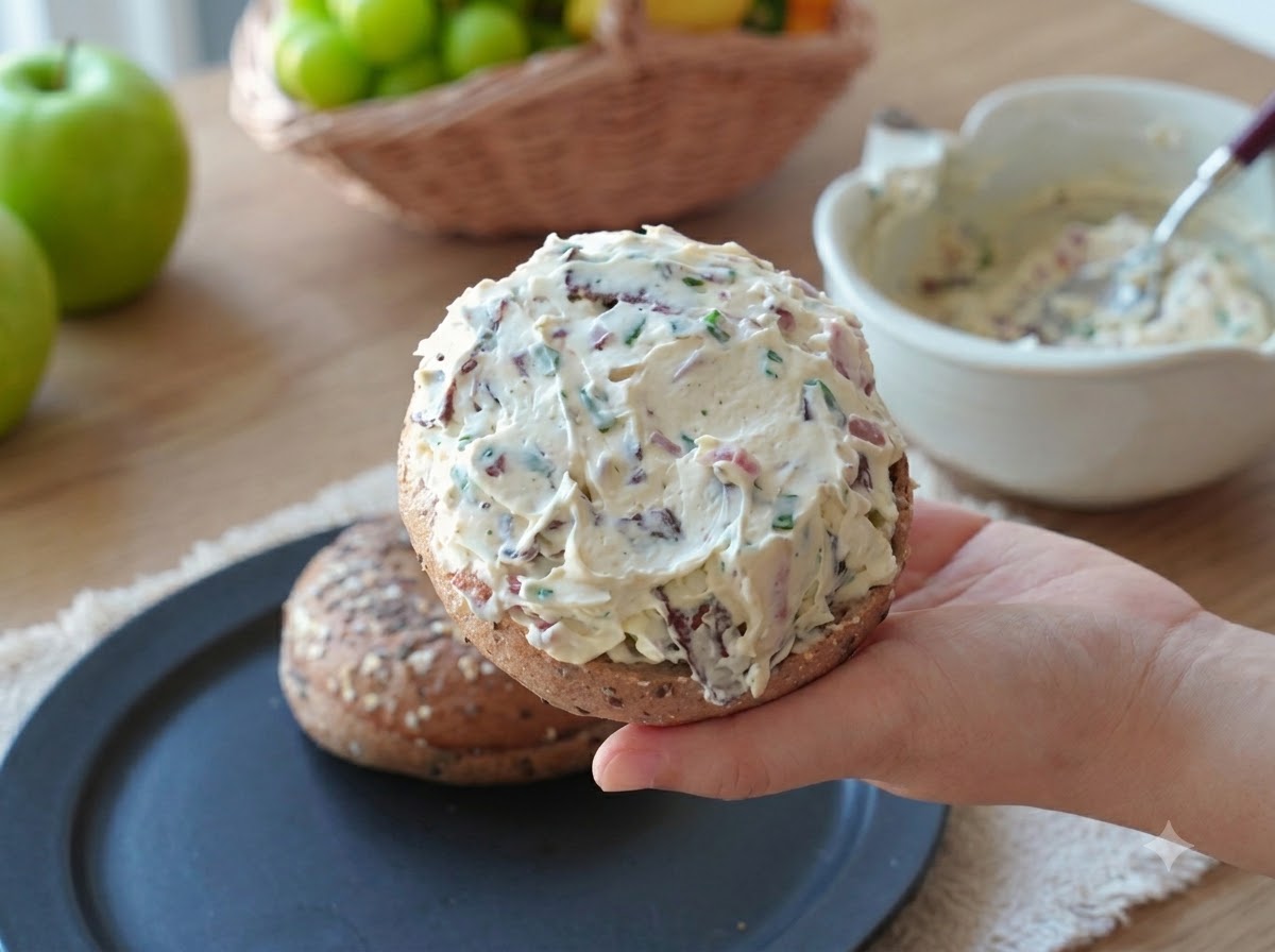 La metà superiore di un bagel tostato posizionata sopra il ripieno di formaggio spalmabile per chiudere il sandwich.