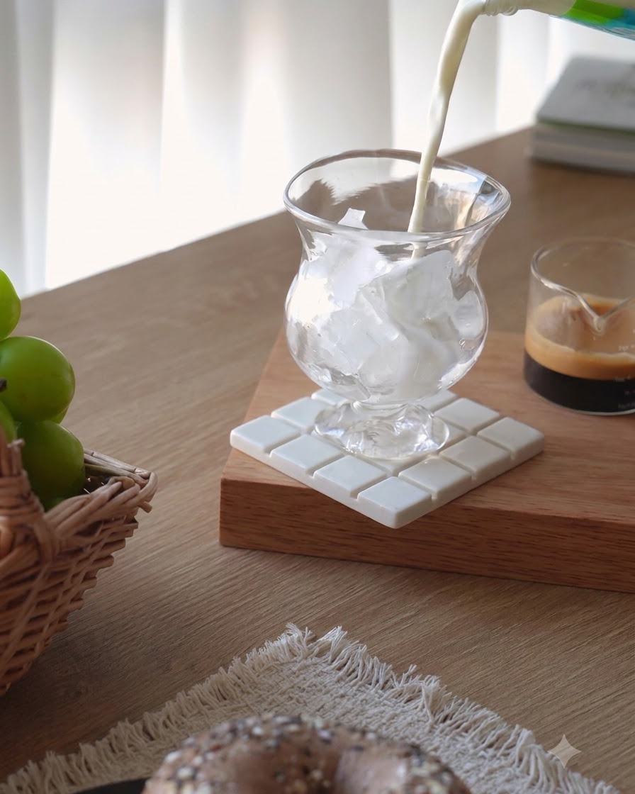 Latte fresco versato da un cartone in un bicchiere trasparente pieno di cubetti di ghiaccio su un sottobicchiere di legno.