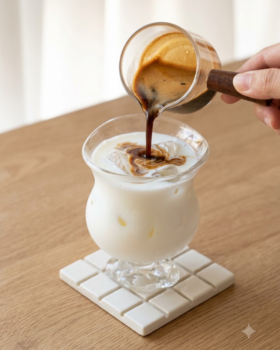 Caffè nero preparato versato da una brocca di vetro in un bicchiere di latte e ghiaccio, creando motivi vorticosi.
