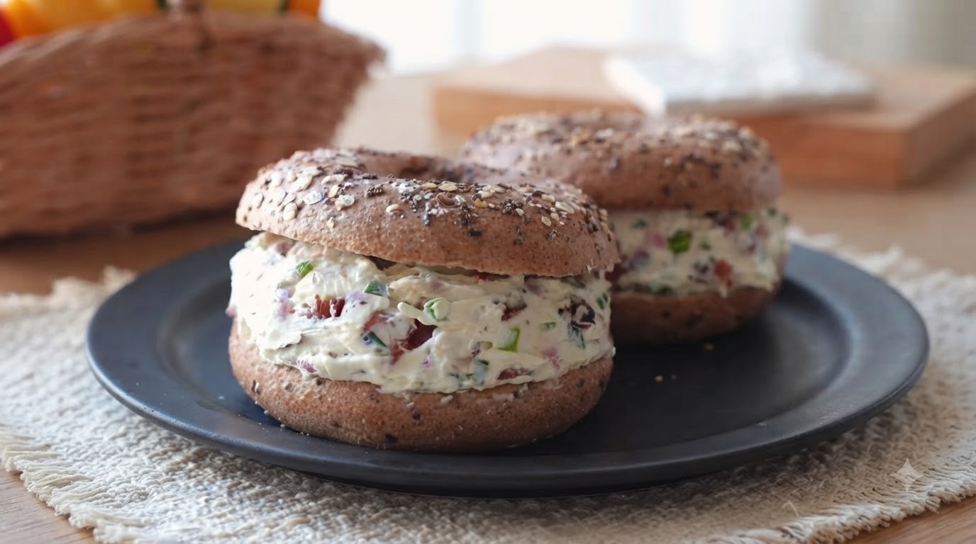 Panino con Bagel, Pancetta e Formaggio Spalmabile con Latte Macchiato Freddo