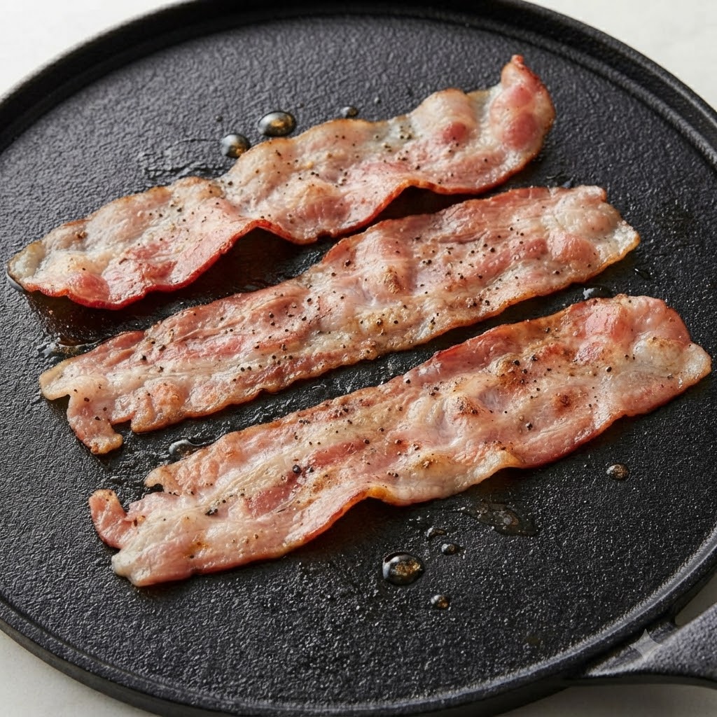 Tre strisce di bacon crudo condite con pepe nero che sfrigolano su una piastra nera in ghisa.