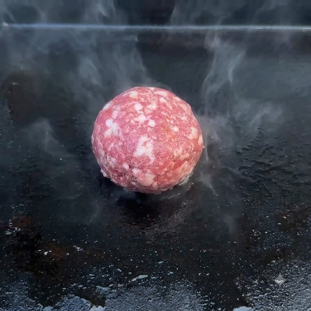 Una pallina di carne macinata cruda adagiata su una piastra nera rovente circondata da sbuffi di vapore.