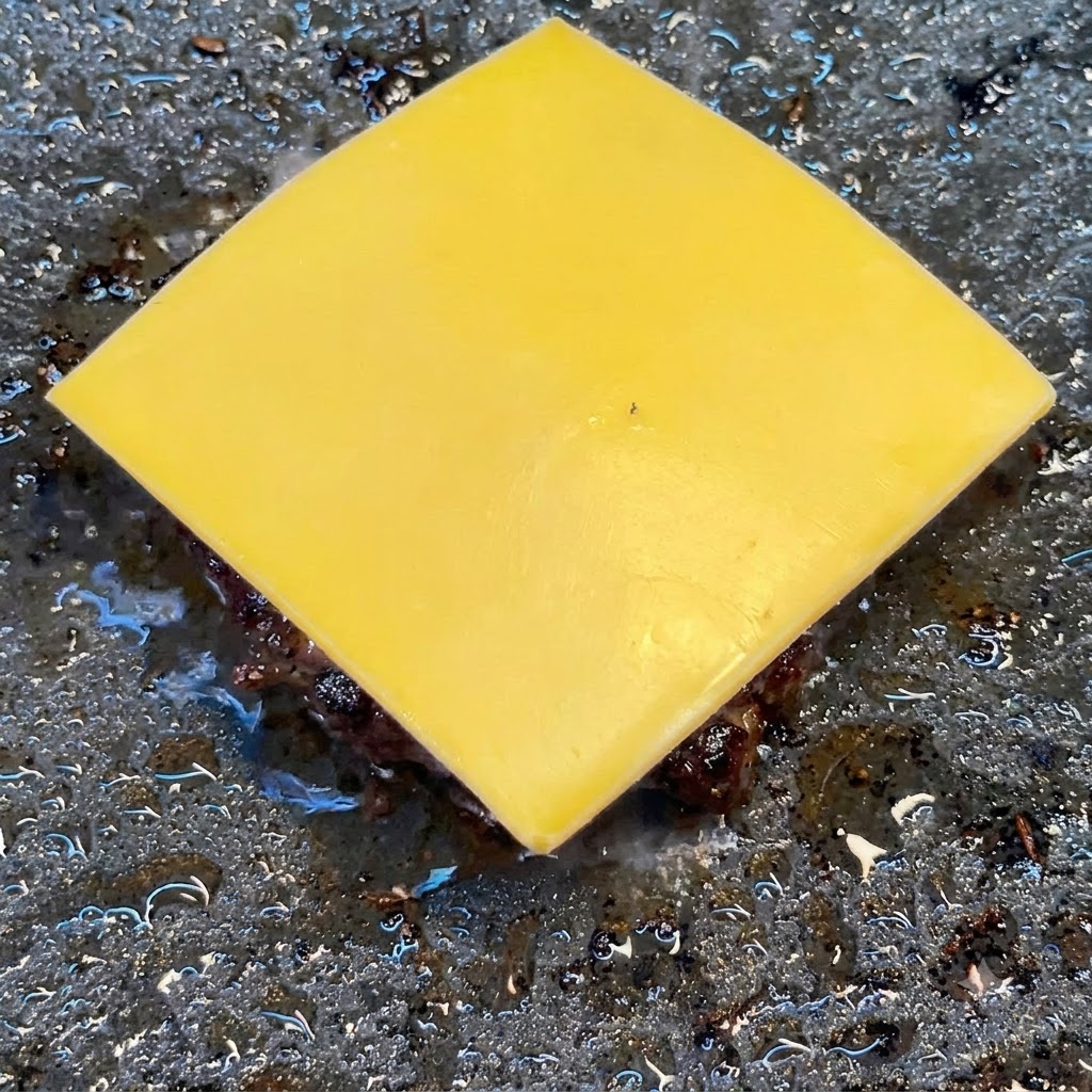 Una fetta quadrata di formaggio americano giallo centrata sopra un patty di manzo che sfrigola su una piastra scura.