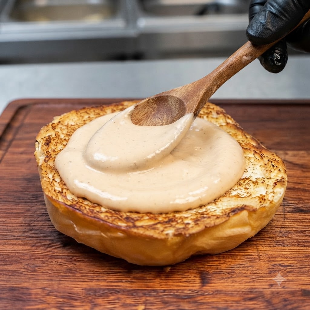 Un cucchiaio di legno che spalma la salsa su un panino per hamburger tostato su un tagliere di legno.