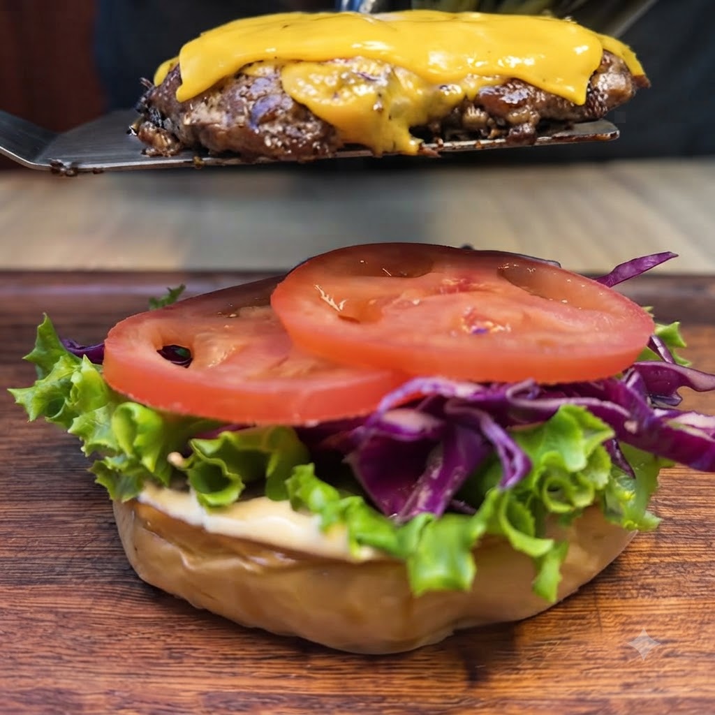 Una spatola che posiziona un patty di manzo con formaggio fuso su una base per hamburger preparata.