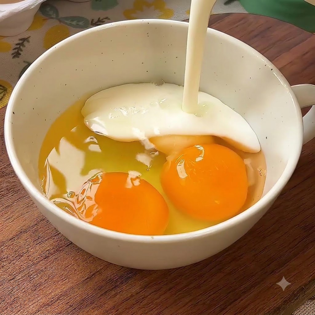 Latte che cola in una ciotola di uova rotte.