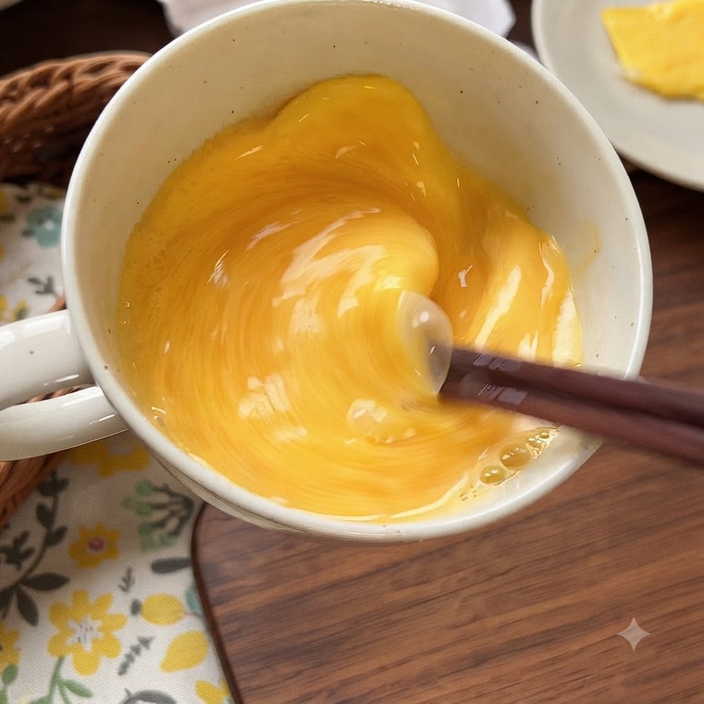 Bacchette che sbattono uova e latte in una ciotola.