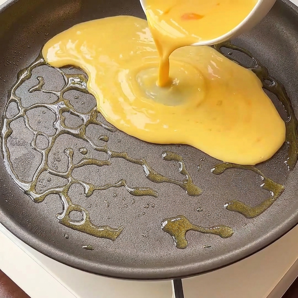 Liquido di uova che viene versato in una padella oliata.