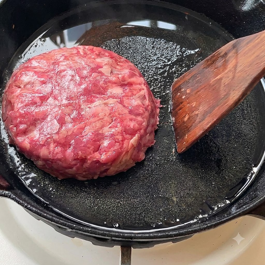 Hamburger di manzo crudo che cuoce in una padella oliata.