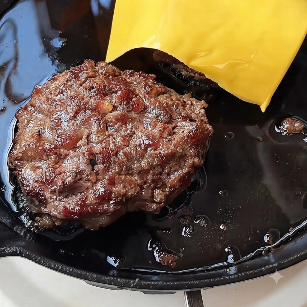 Due fette di formaggio giallo che si sciolgono sopra un hamburger cotto in una padella calda.