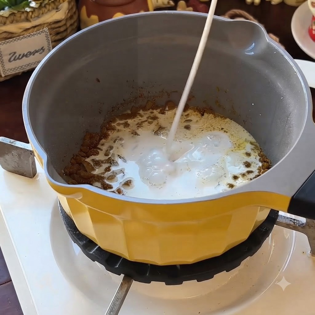 Latte di cocco versato da un beccuccio in una pentola gialla contenente il composto di cipolle e spezie.