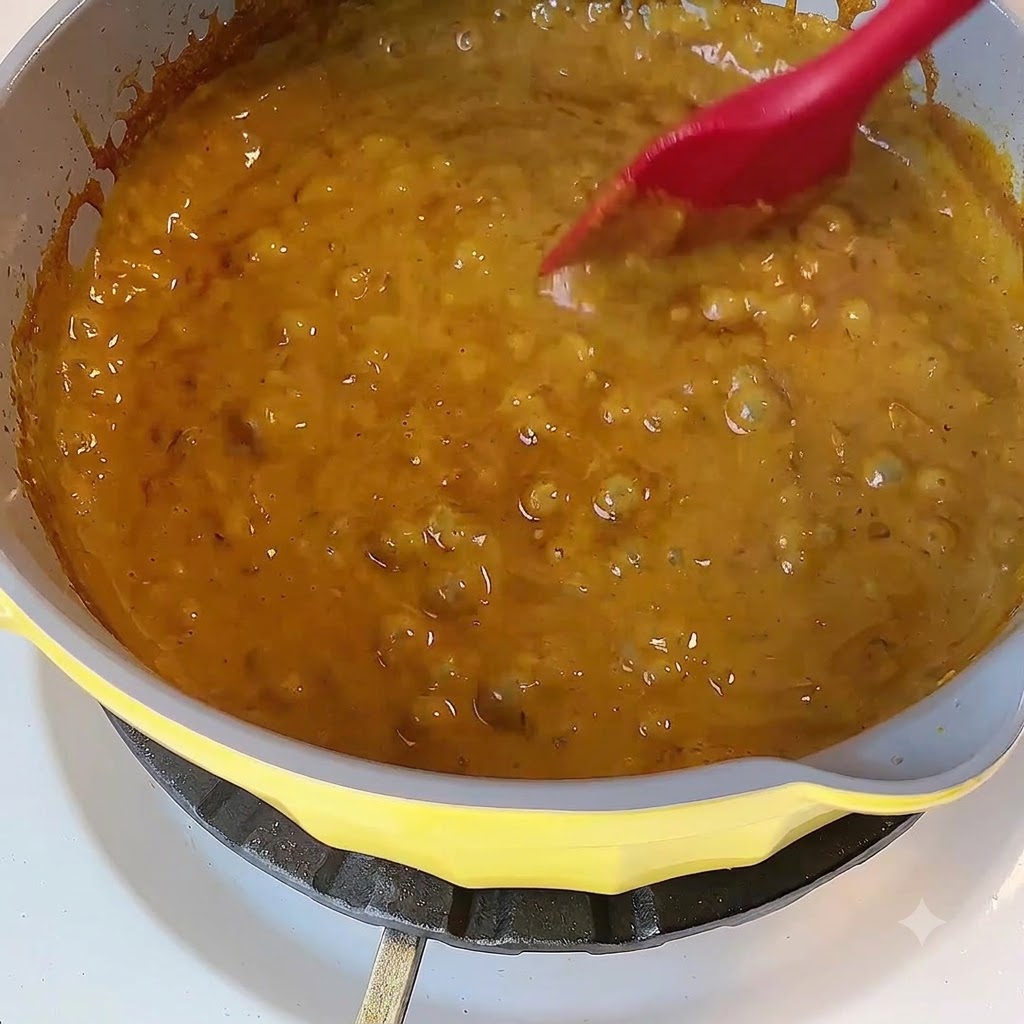 Salsa al curry gialla densa che sobbolle in una pentola gialla mentre viene mescolata con una spatola di silicone rossa.
