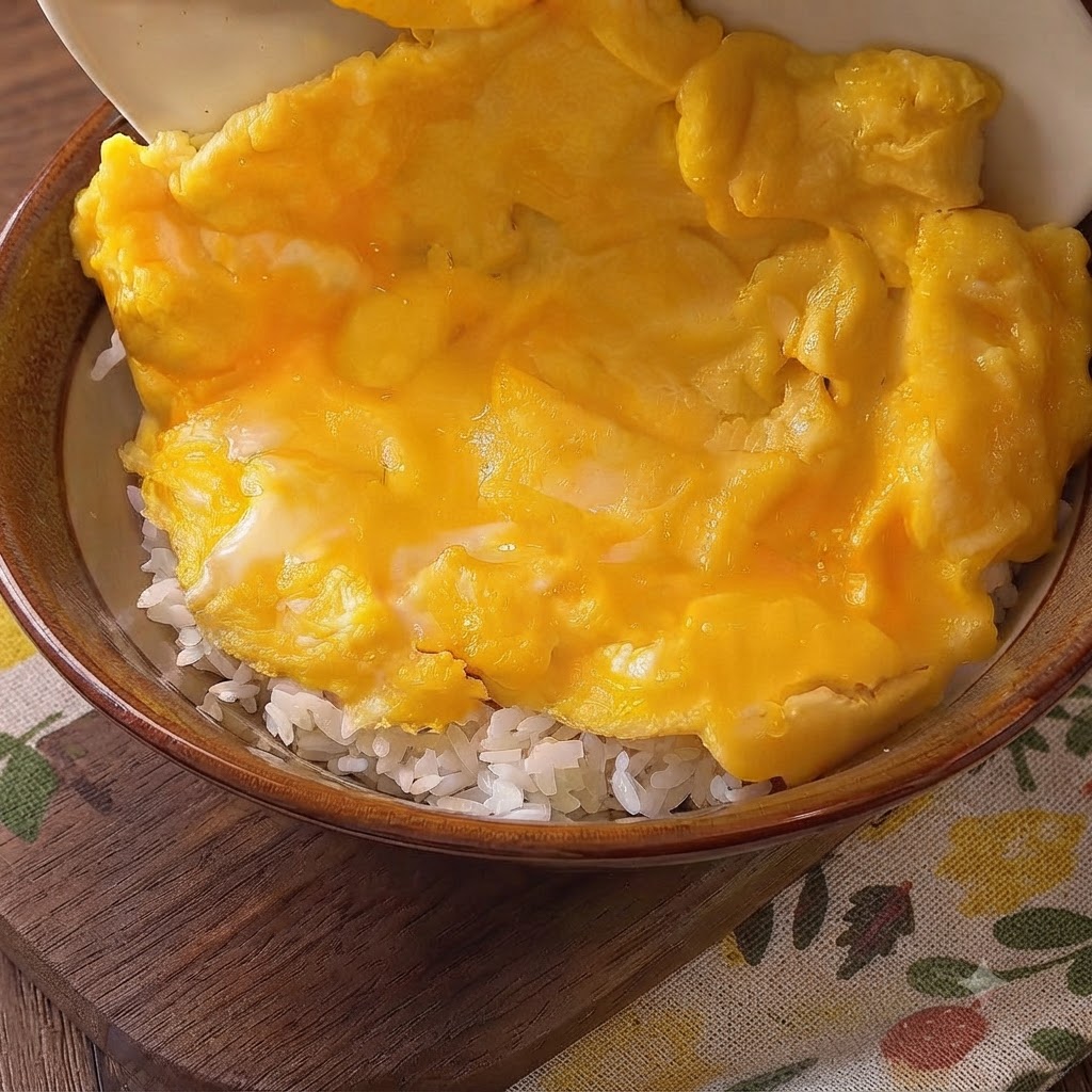 Uova strapazzate giallo tenue versate da una ciotola direttamente su un letto di riso bianco in una ciotola di ceramica.