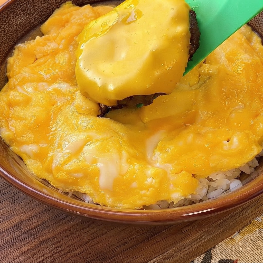 Un hamburger al formaggio sollevato con una spatola verde e posizionato su un letto di uova strapazzate e riso.