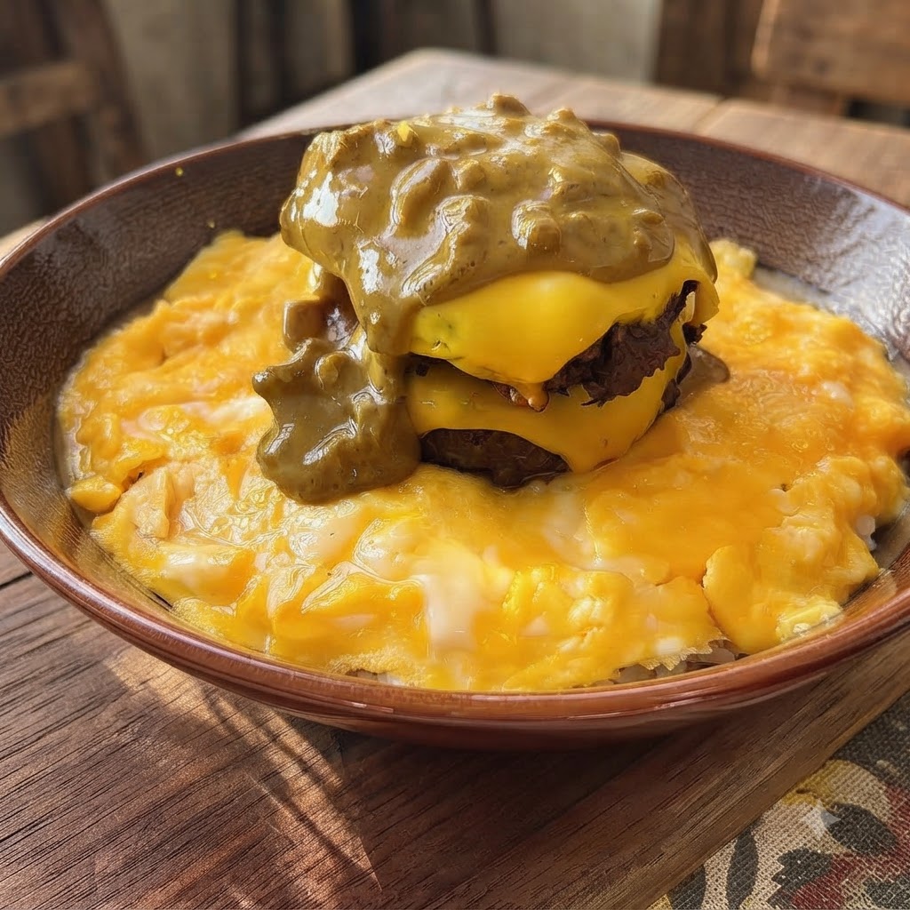 Salsa densa al curry di cocco versata su hamburger di formaggio impilati, uova e riso in una ciotola.