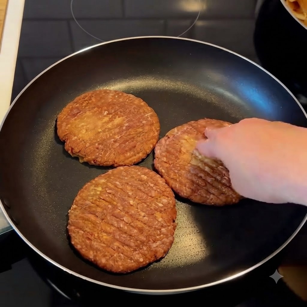 Primo piano di una mano che condisce tre hamburger in una padella calda.