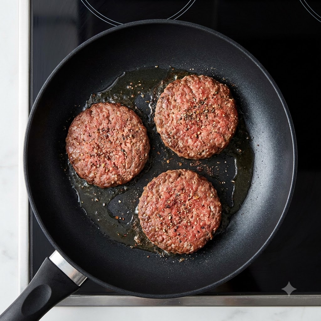 Un hamburger che viene girato in una padella usando una spatola nera.