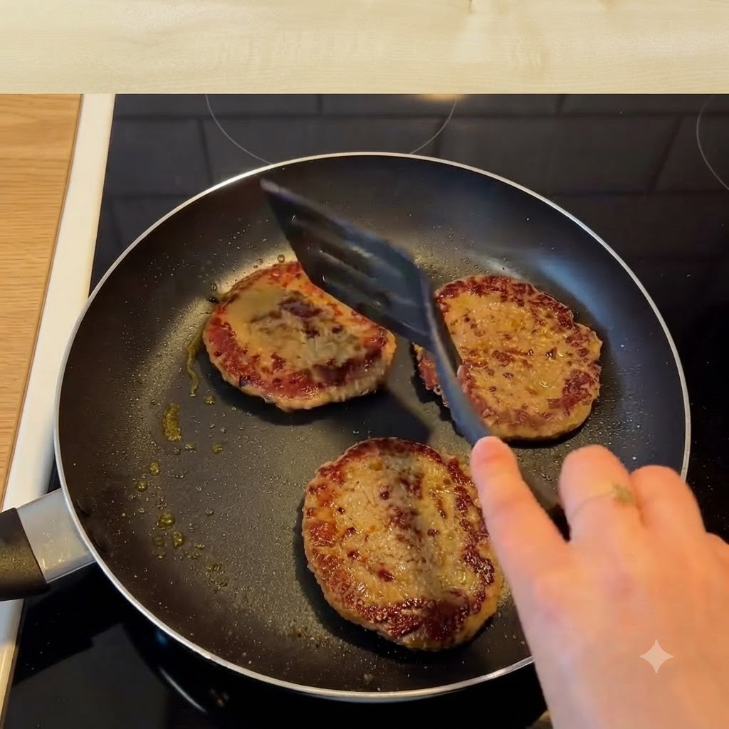 Fette di formaggio posizionate sopra gli hamburger caldi che cuociono in una padella.