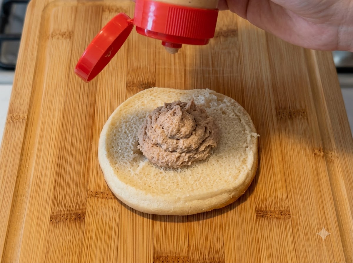 Un flacone dosatore che applica la salsa al centro di un panino per hamburger tagliato.