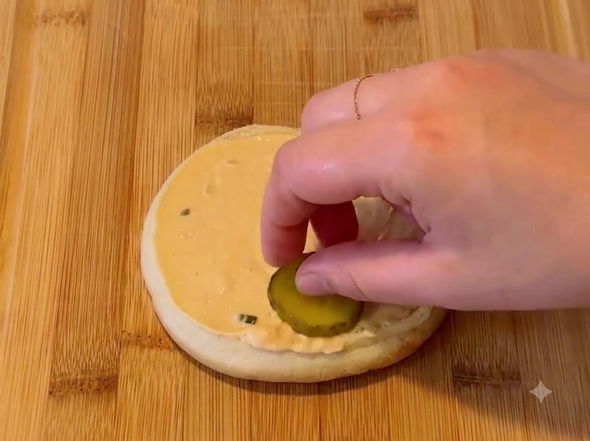 Una mano che posiziona una fetta di cetriolino su un panino per hamburger coperto di salsa.