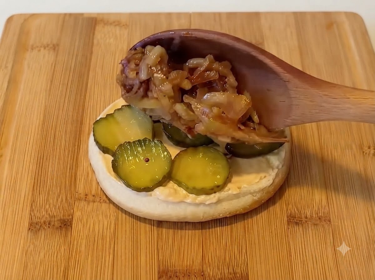 Un cucchiaio di legno che raccoglie le cipolle caramellate sopra i cetriolini su un panino.