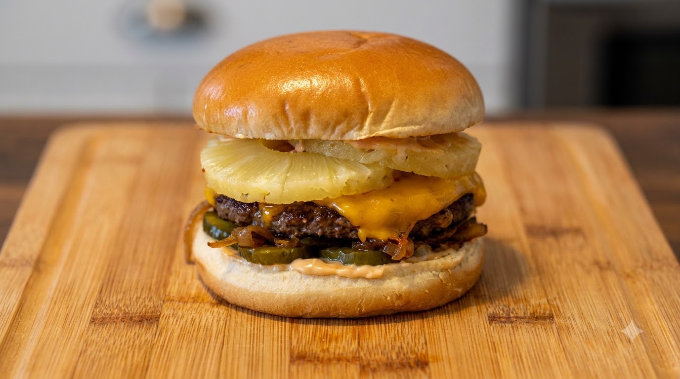 Un hamburger Luau completamente assemblato su un tagliere di legno con pane tostato, polpetta succosa, formaggio fuso e ananas.