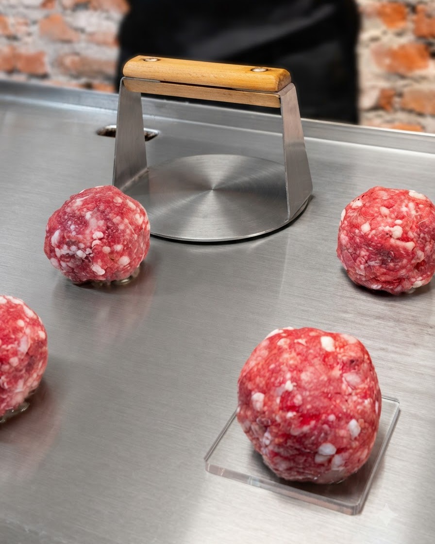 Uno strumento di metallo appiattisce una polpetta di carne macinata su una piastra liscia in acciaio inossidabile.