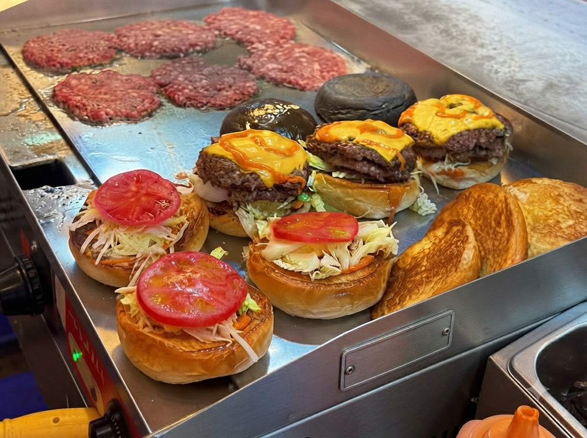Scottare i burger con formaggio fuso accanto a panini per hamburger preparati, insalata e pomodori affettati.
