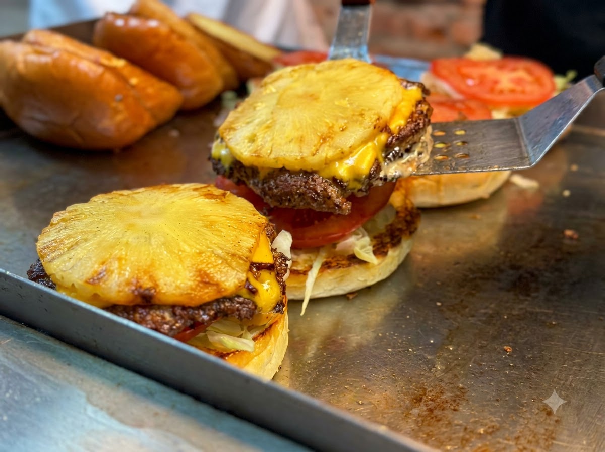 Una spatola di metallo trasferisce un burger grigliato con formaggio fuso e una fetta dananas sulla base del pane.