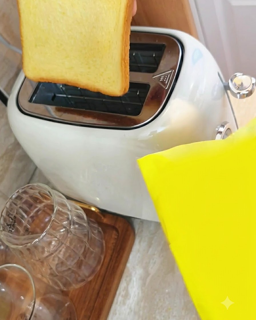 Due fette di pane di mais a basso contenuto di zuccheri inserite nelle fessure di un tostapanane bianco.