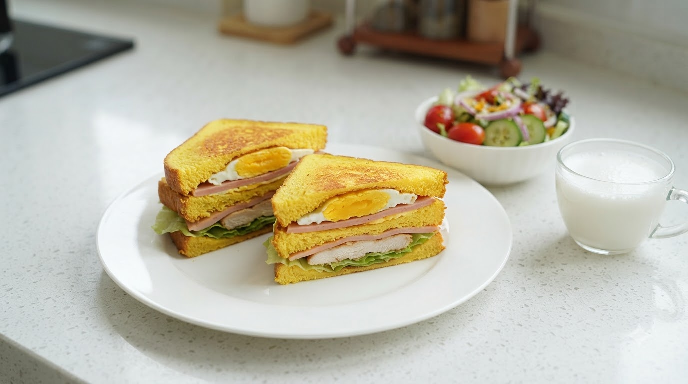 Un panino tagliato con petto di pollo al pepe nero e prosciutto, servito con insalata di verdure fresche e latte caldo.