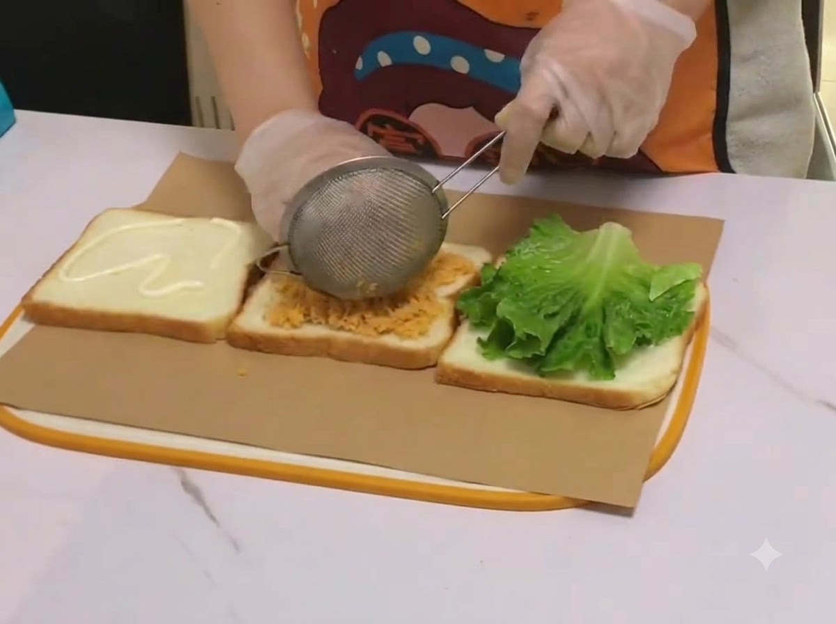 Mais setacciato attraverso un piccolo colino a rete metallica sullo strato di floss di carne del panino.