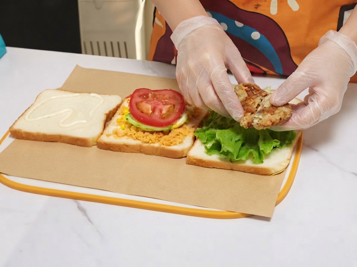 Una cotoletta di pollo condita e cotta posizionata sopra la lattuga verde su una fetta di pane da toast.